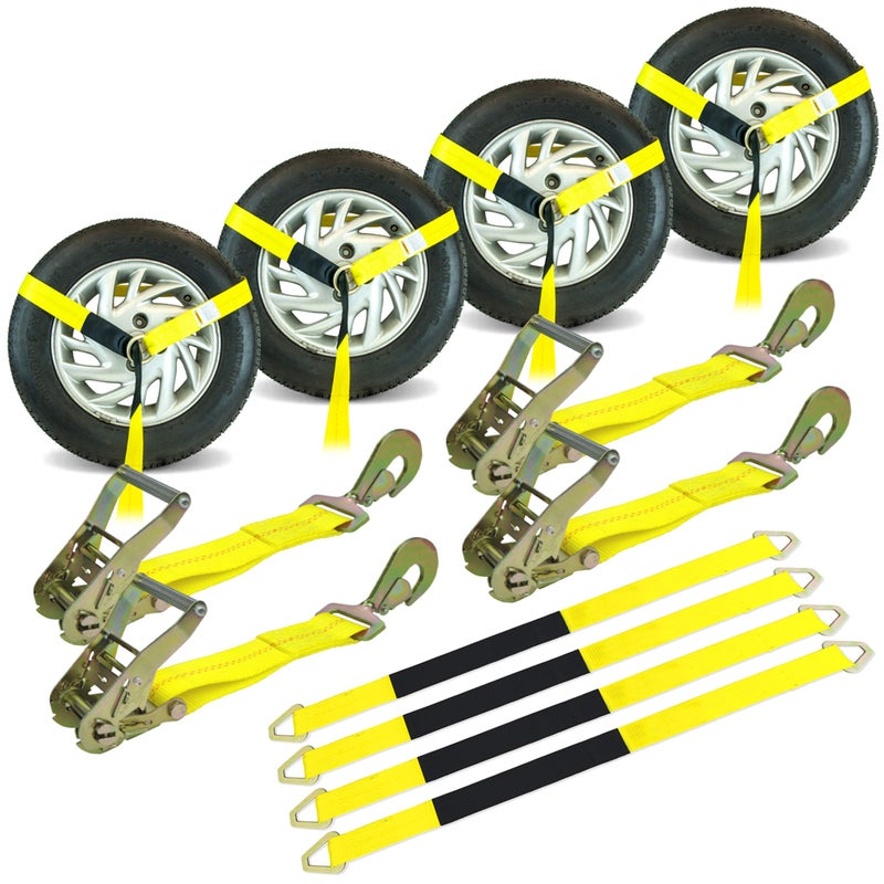 VULCAN Economy Car Tie Down Kit with 4 Lasso Straps, 4 Snap Hook Ratchets, and 4 Free 36 Inch Axle Straps - 3,300 Pound Safe Working Load - Image 1